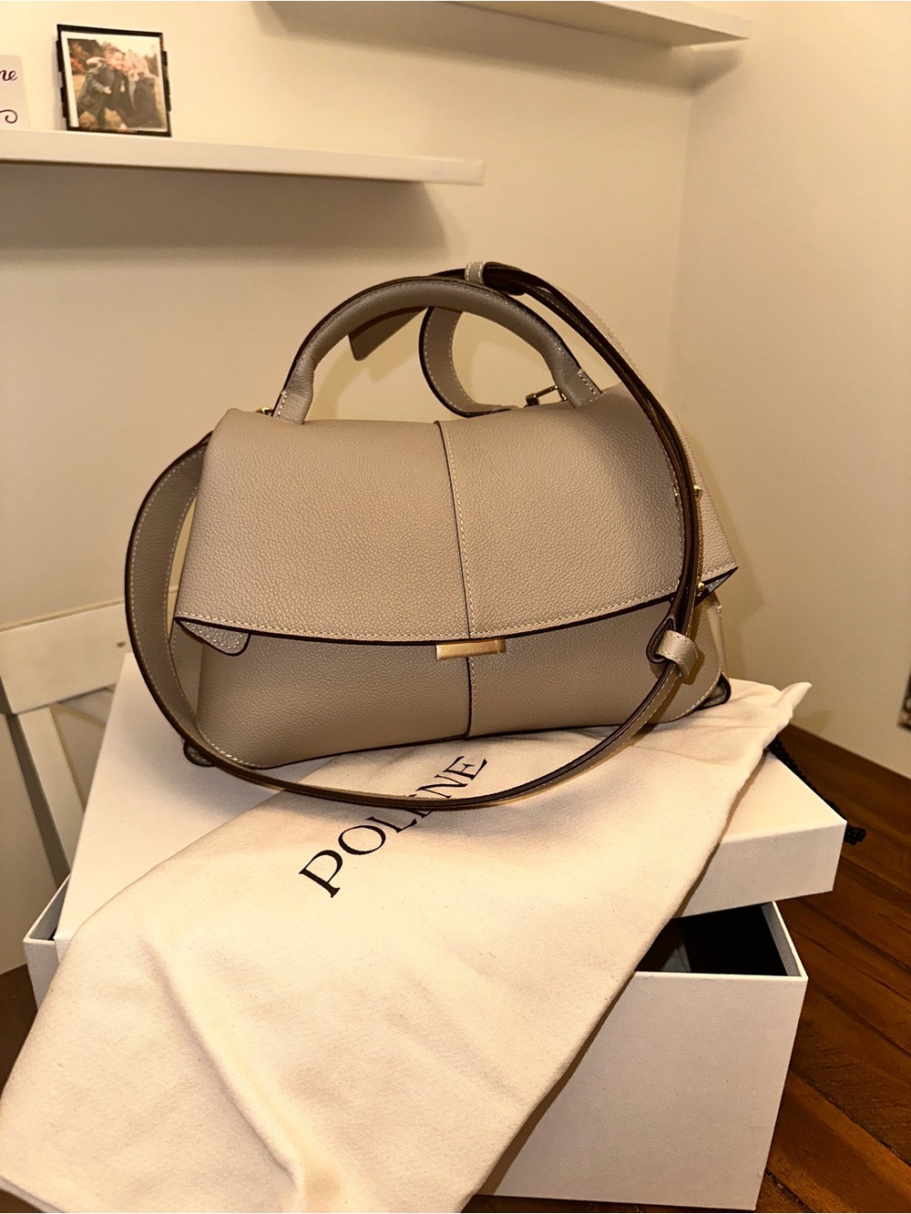 Polene Taupe Pebbled Leather Shoulder Bag